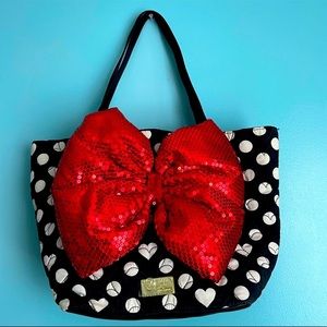 Betsy Johnson sequin bow polka dot quilted
heart canvas heart bag tote purse